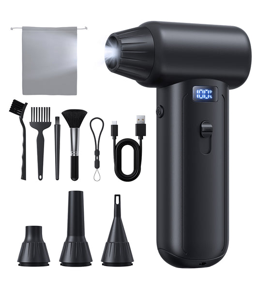 【1分でばやく掃除】 エアダスター 電動ブロワー 小型 ディスプレイ＆電量風量表示 過熱保護 ブロアー ワンタッチ暴風モード＆無段階風速調節300000RPM高速回転 超強力150m/sな風速 4種類ノズル LEDライト 収納袋付き USB-C充電式 PC掃除/エアコン/キーボード/車内/洗車用 日本語取扱説明書