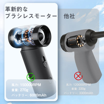 【日本正規品】エアダスター 最強ブロワー ブロアー 洗車 120m/sな風速 無段階風量調整 超強力 6000mAh USB-C充電式 3種類ノズル ブラシレスモーター 小型 PC掃除 空気入れ コードレス 収納袋付き 日本語取扱説明書